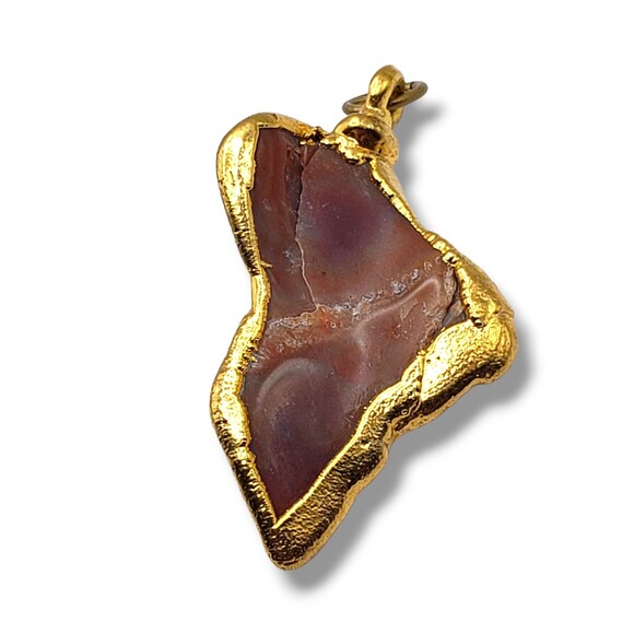 Vintage Gold Plated Natural Stone Pendant Irregular Shaped Brown Orange Marbled - Picture 2 of 7